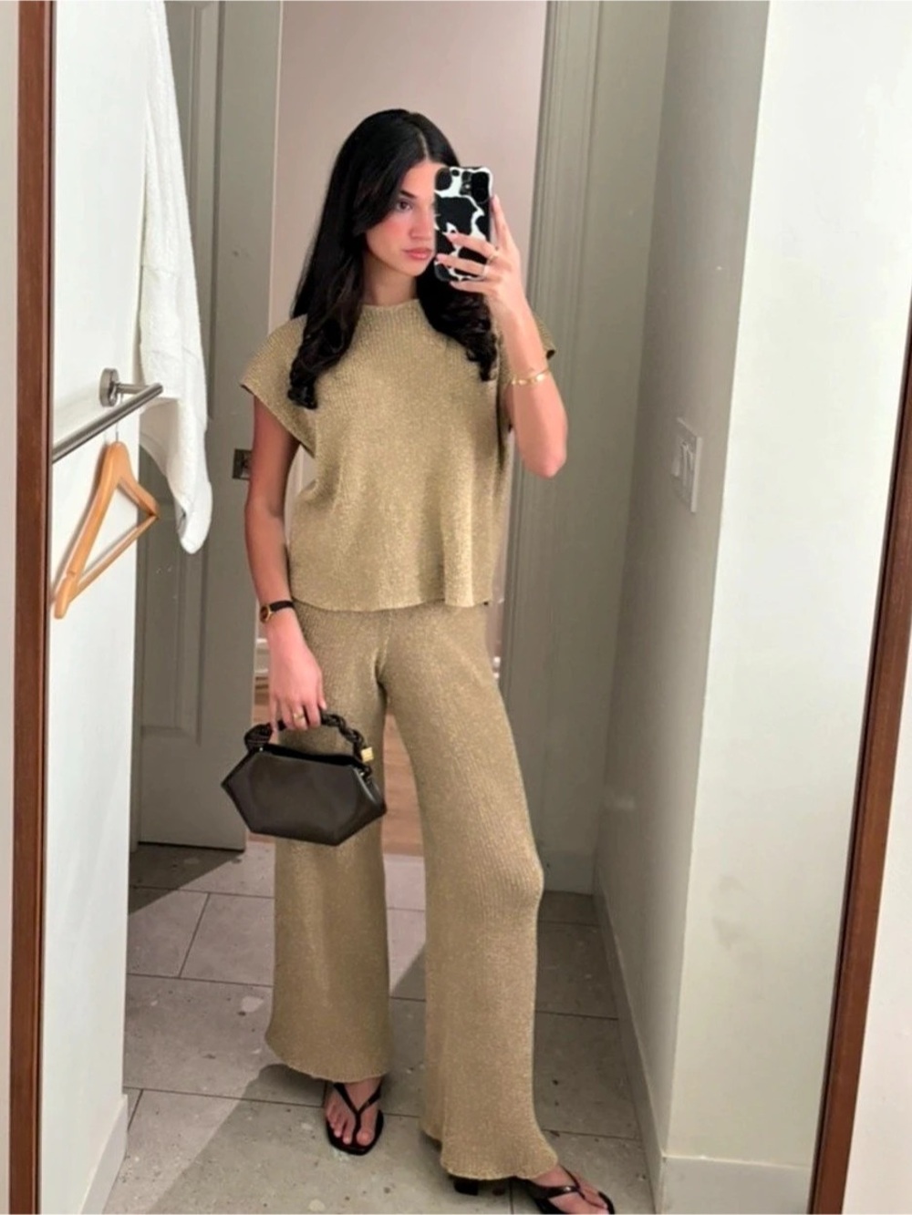 ZARA Ribbed Knit Wide Leg Set in Brown Like New